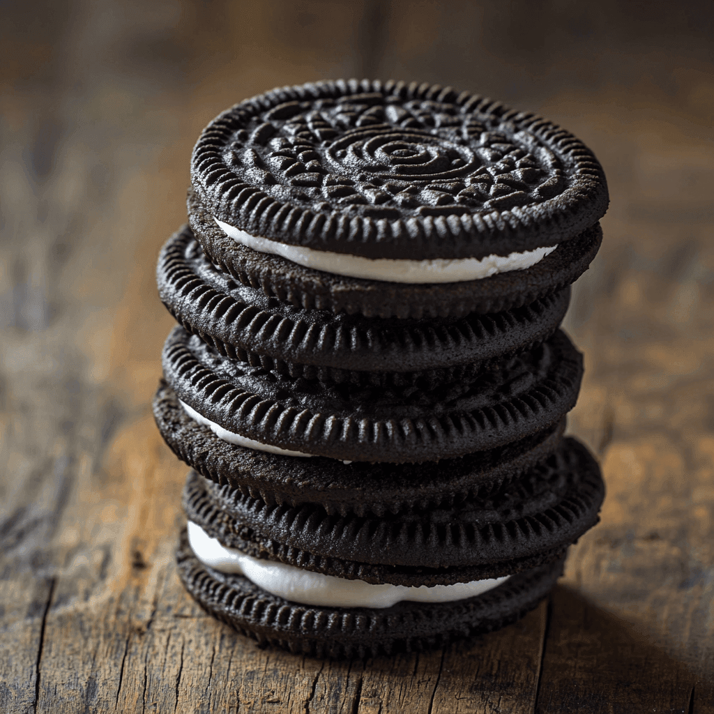 Are Oreos vegan? A stack of classic Oreo cookies on a wooden table.
