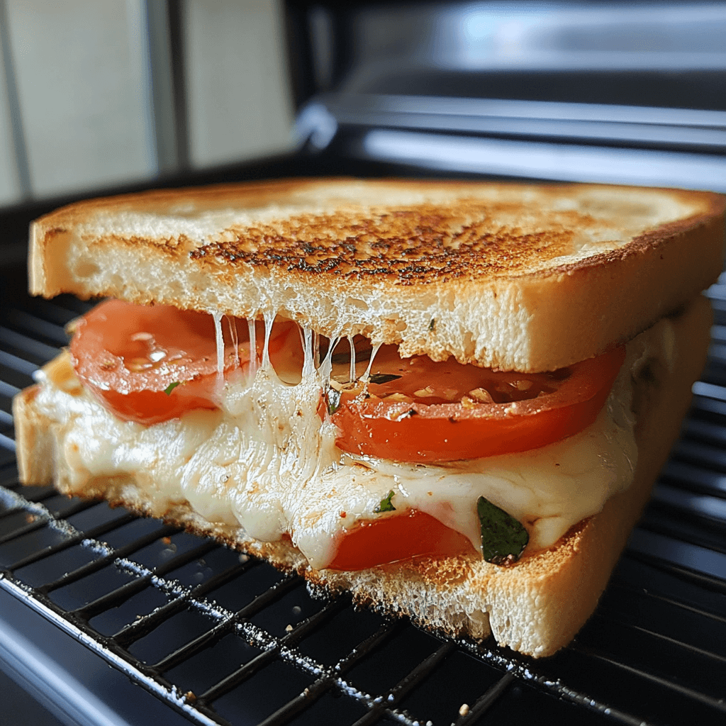 Grilled cheese sandwich with melted cheese and tomatoes made using a Ninja toaster oven lunch recipe.