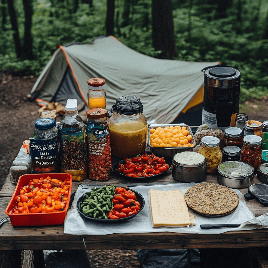 A picnic table filled with fresh camping lunch recipes ingredients, with a tent and forest in the background.